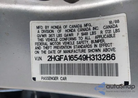 2009 Honda Civic Lx z USA, uszkodzony, nr VIN 2HGFA16549H313286